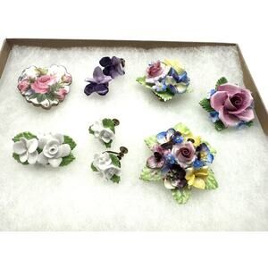Lot Of Vintage Denton Made In England Ceramic Bone China Earrings Pin Brooch
